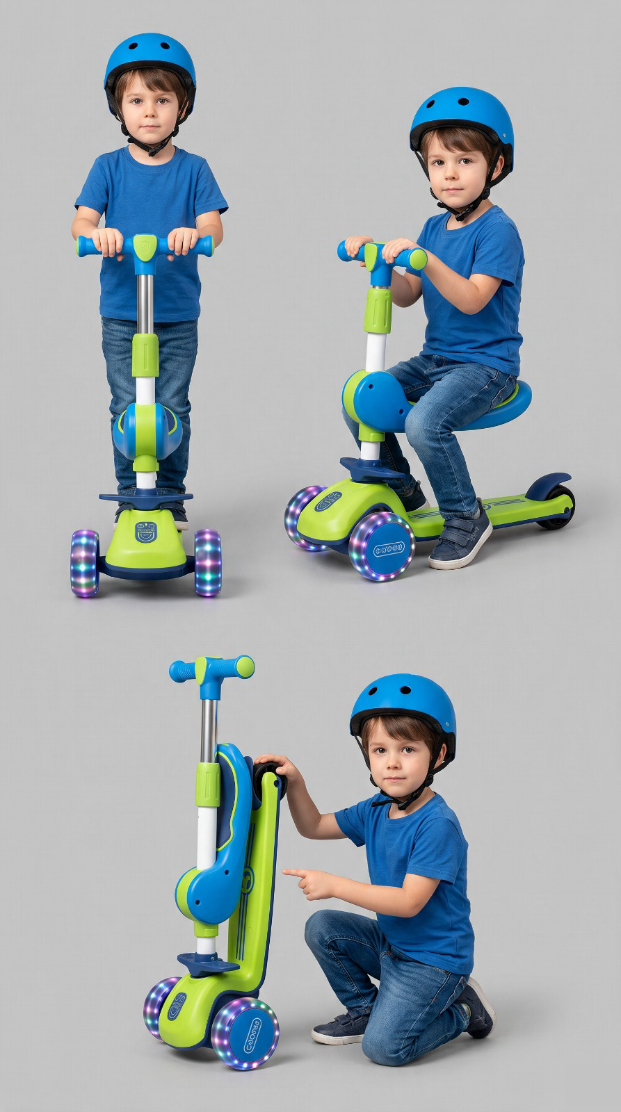 Patinete azul e verde em 3 formas de uso
