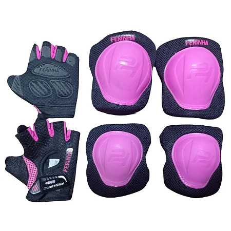 Kit de proteção rosa — luvas, joelheiras e cotoveleiras